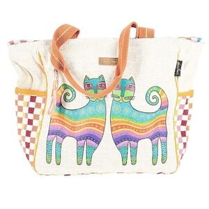 Laurel Burch Tote Bag Colorful Cats Woven Checkered Shopper Beach Travel Handbag